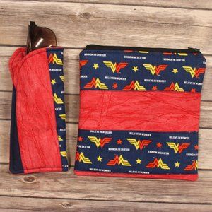Wonderwoman Blue & Red Zippered Pouch and Sunglass Case- Matching Set -Handmade